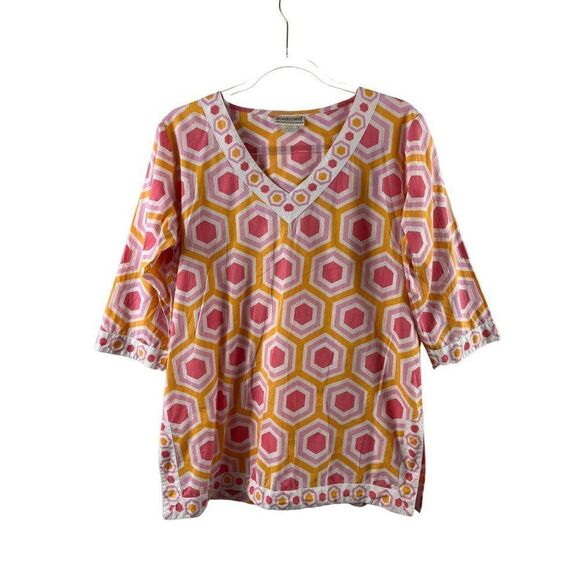 Ecoaccents Cotton Pink Orange Geometric Print Tunic Swim Cover-Up Medium Beachy - Picture 1 of 8